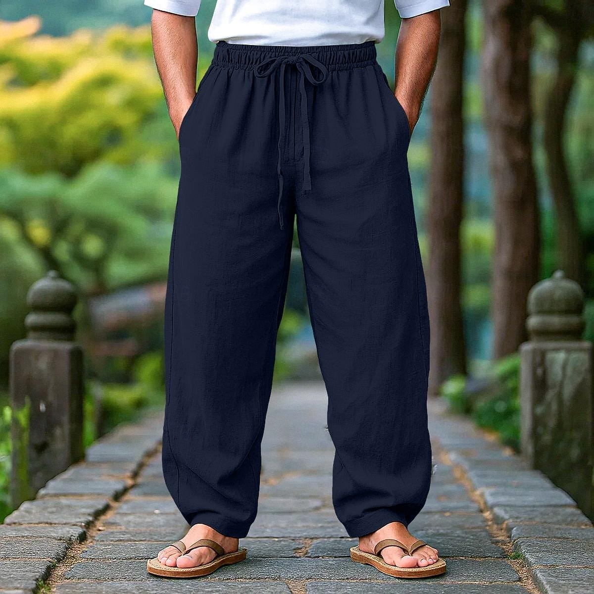 Bărbați Pantaloni de in Pantaloni Pantaloni de vară Pantaloni de plajă Cordon Talie elastică Pliuri Simplu Confort Respirabil Lungime totală În aer liber Casual Zilnic Vacanță Modă Negru Alb Inelastic 2026 - $29.99 –P10