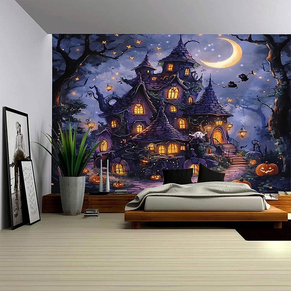 Halloweenský gobelín s motivem strašidelného domu, dýní a netopýrů, strašidelný gotický závěsný tapiserie s úplňkem do obývacího pokoje, ložnice, párty dekorace, strašidelný hrad, děsivá estetika, 2025 - $12.49 –P3