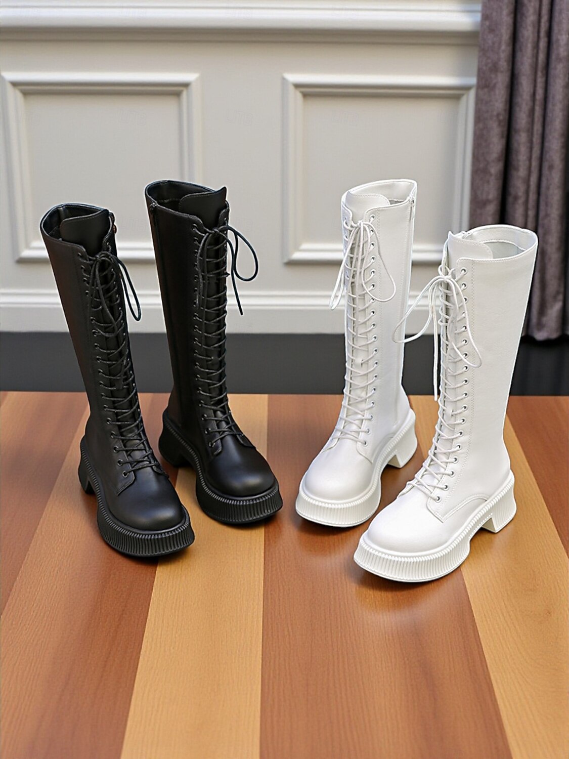 Botas femininas de couro sintético, cano alto, com cadarço, zíper lateral e sola plataforma grossa, calçado casual urbano de 2025 por $34.99 –P4