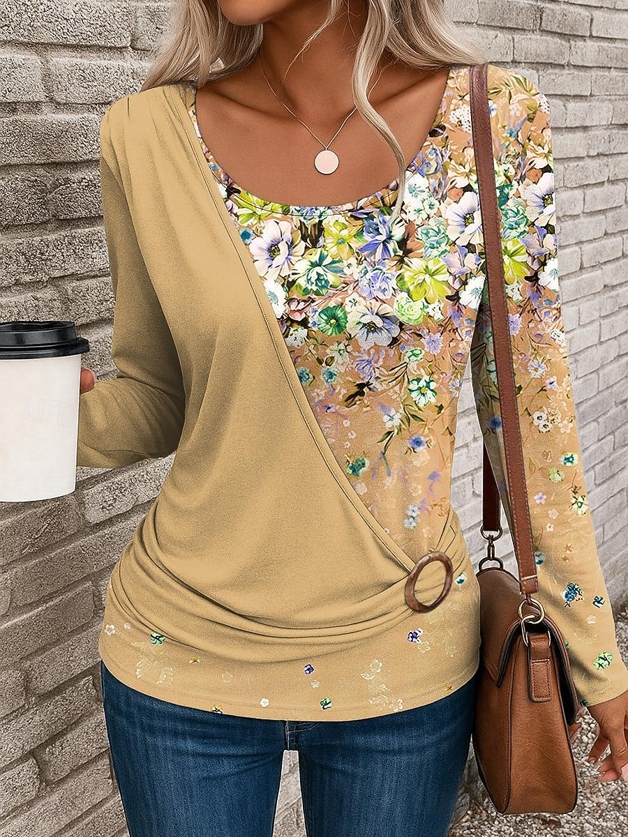 Femmes T-shirt Fleuri Graphique ancien Élégant Occasionnel manche longue Col ras du cou Hauts Réguliers Quotidien Patchwork Imprimé Jaune Rose Claire Bleu Violet Vert Automne Hiver de 2025 ? $24.99 –P5