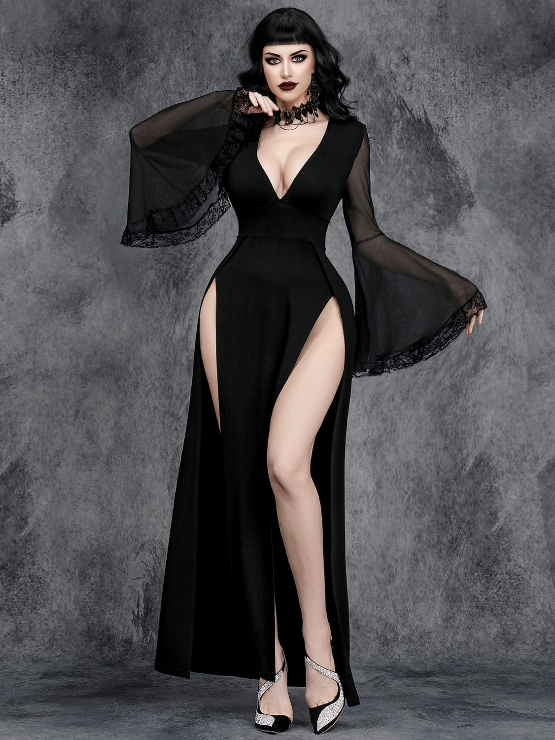gotický Maxi Šaty Zvonové Čerodějnice Morticia Addamsová Štěrbina Pevná barva Do V Maškarní kostým Dámské Fantazie předvečer Všech svatých Karneval Výkon Párty Dospělí Šaty Celý rok 2025 - $36.99 –P5