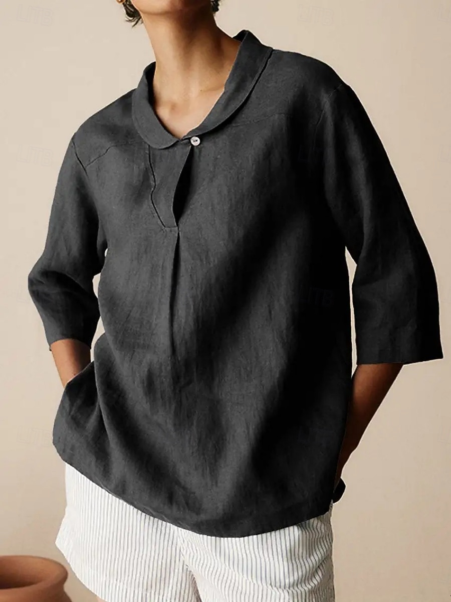 Per donna Camicie di cotone e lino Semplice Quotidiano Moderno Manica 3/4 Colletto a Camicia Top Regolari Quotidiano Bottoni Nero Arancione Marrone Cachi Grigio Estate Primavera Autunno del 2025 a $19.99 –P8