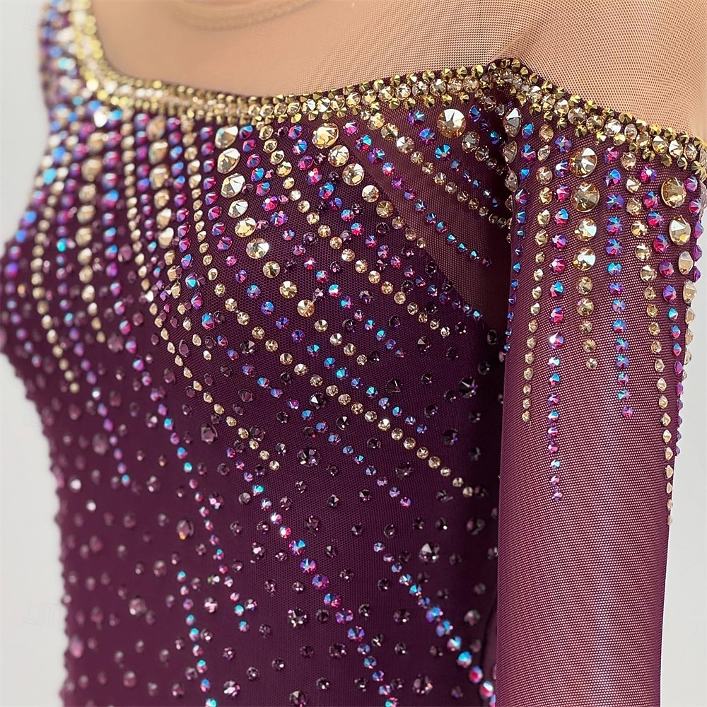 Kunstschaatsjurk Dames Voor meisjes Schaatsen Jurken Bordeaux Lapwerk Open achterkant Netstof Spandex Hoge Elasticiteit Opleiding Wedstrijd Kunstschaatskleding Klassiek Kristal / Bergkristal Lange 2026 - $298.59 –P5