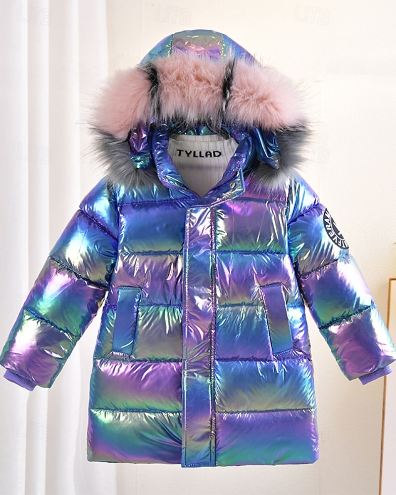 Kinder Mädchen Daunenmantel Einfarbig Mode Fellbesatz Schule Mantel Oberbekleidung 4-12 Jahre Winter Rosa Purpur 2025 - $40.99 –P1
