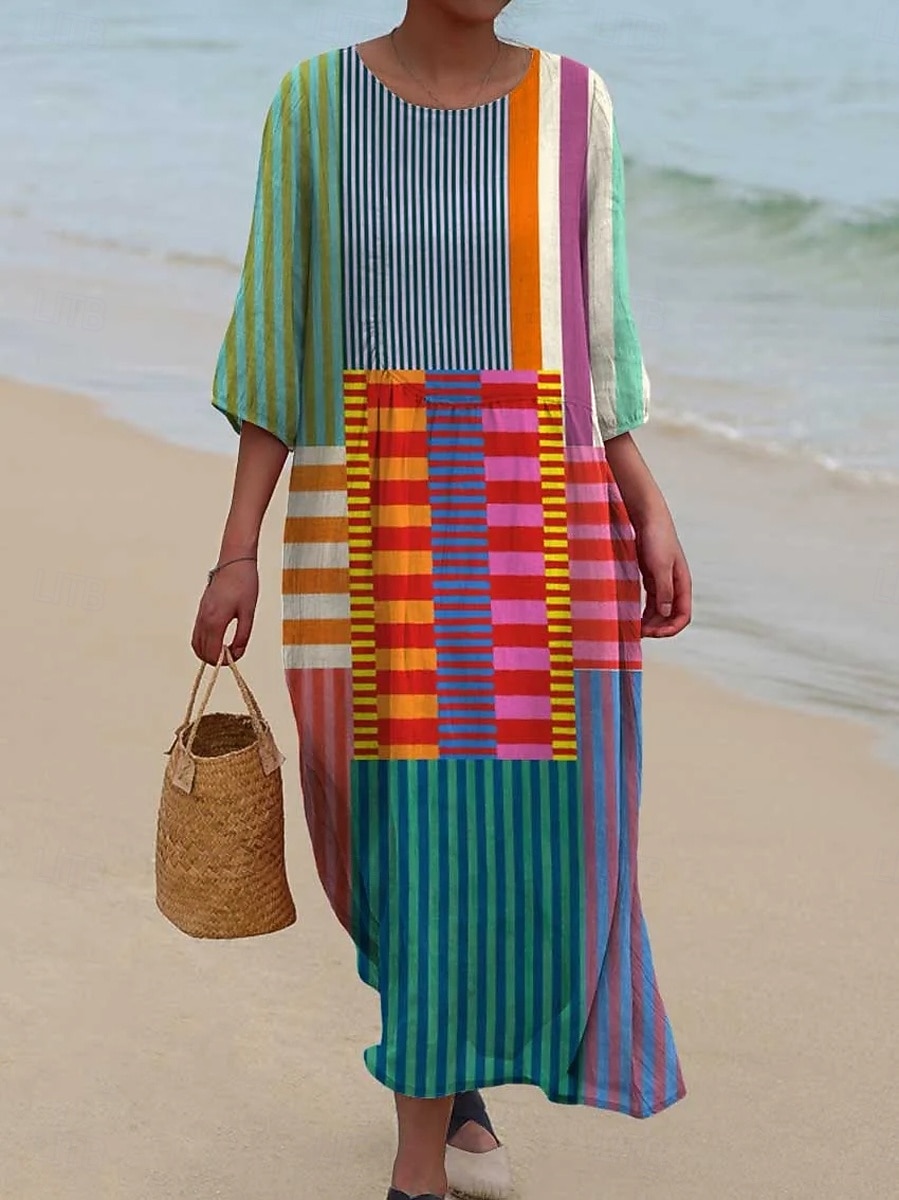 Damen Maxi Kleid Kaftan 3/4 Länge Ärmel Rundhalsausschnitt Lässiges Shift Kleid Kleid Boho Alltag Urlaub Date Grafisch Geometrisch Gelb Blau Lila Frühling Herbst 2025 - $41.99 –P3