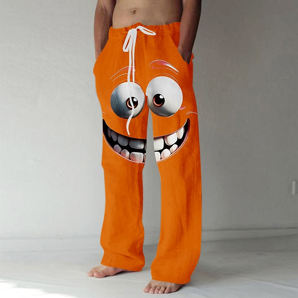 Men's 3D Cartoon Smile Face Big Eyes Trousers Casual Pants Baggy Pants Mid Waist Funny Outdoor Vacation Elastic Drawstring Waist Linen-Like Pants with Pockets Summer Spring Fall 3D Print Black Yellow 2026 - $27.99 –P4