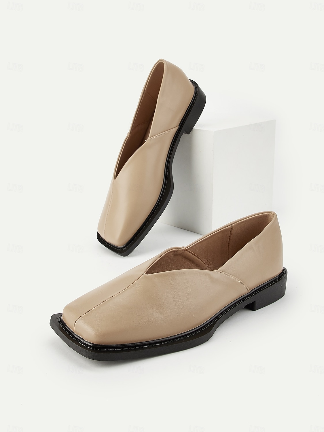 Women's Beige Square Toe Slip-On Loafers - Faux Leather Low Heel Comfort Shoes with V-Cut Vamp, Minimalist Modern Style for Casual Wear, Office Outfits and Autumn Fashion 2026 - $42.99 –P4