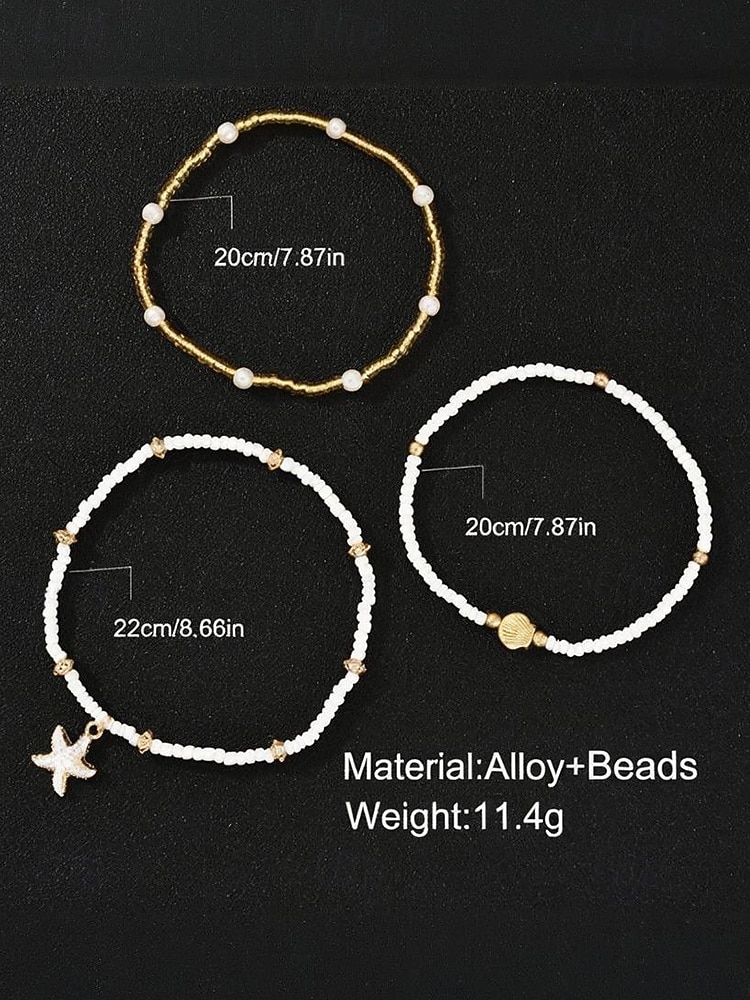 Women's 3-Piece Beaded Anklet Set – Gold Alloy and White Beads with Starfish and Shell Charms, Bohemian Beach Jewelry for Summer Vacations and Casual Outfits 2026 - $7.99 –P7