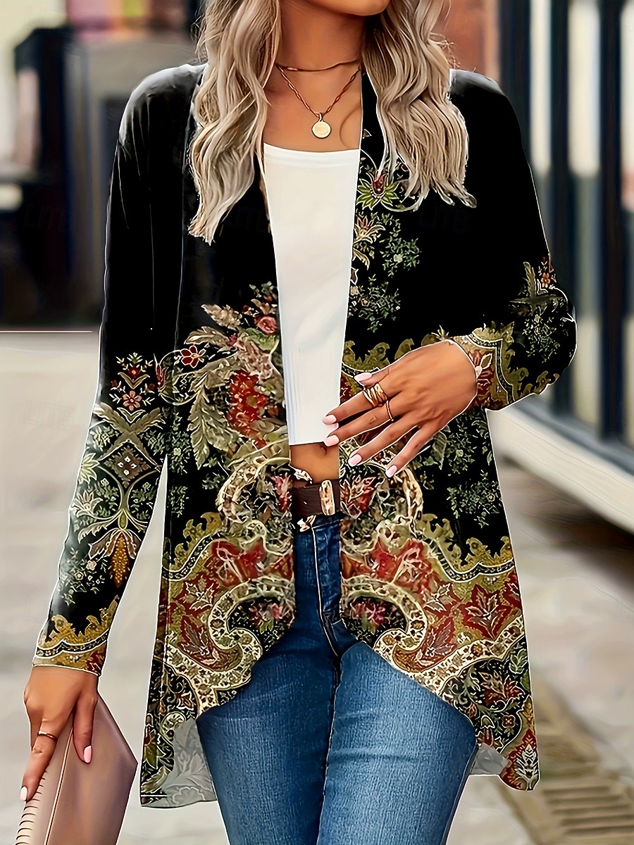 Dam Trenchcoat Bekväm Andningsfunktion Mönster Öppen front Vintage Dagligen Retro Ledigt Blommig Semester Gata Ledigt Dagliga kläder Öppen front Lång Kraglös Normal Långärmad Ytterkläder Svart Vår 2025 - $21.99 –P1