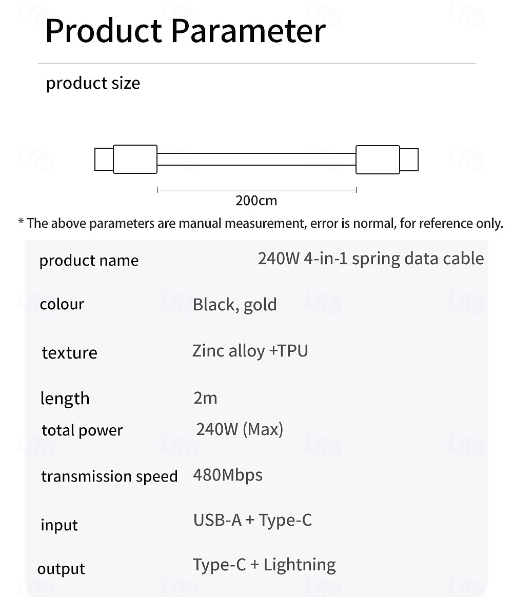 Cabo de carregamento super rápido com tela de 240 W, cabo de dados com mola para iPhone, Huawei, Xiaomi, Samsung, cabo de carregamento 4 em 1 tipo C para tipo C de 2025 por $14.99 –P9