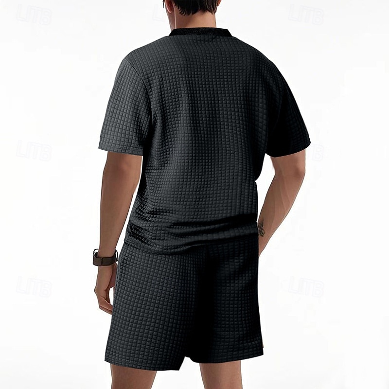 Voor heren Wafel Shirt T-shirt past 2 stuks outfits T-shirt en korte broek Korte mouw Strakke ronde hals Zomer Effen Modieus Casual Jacquard 2-stuks Vakantie Alledaagse kleding Uitgaan Zwart Wit Khaki 2025 - $36.99 –P17