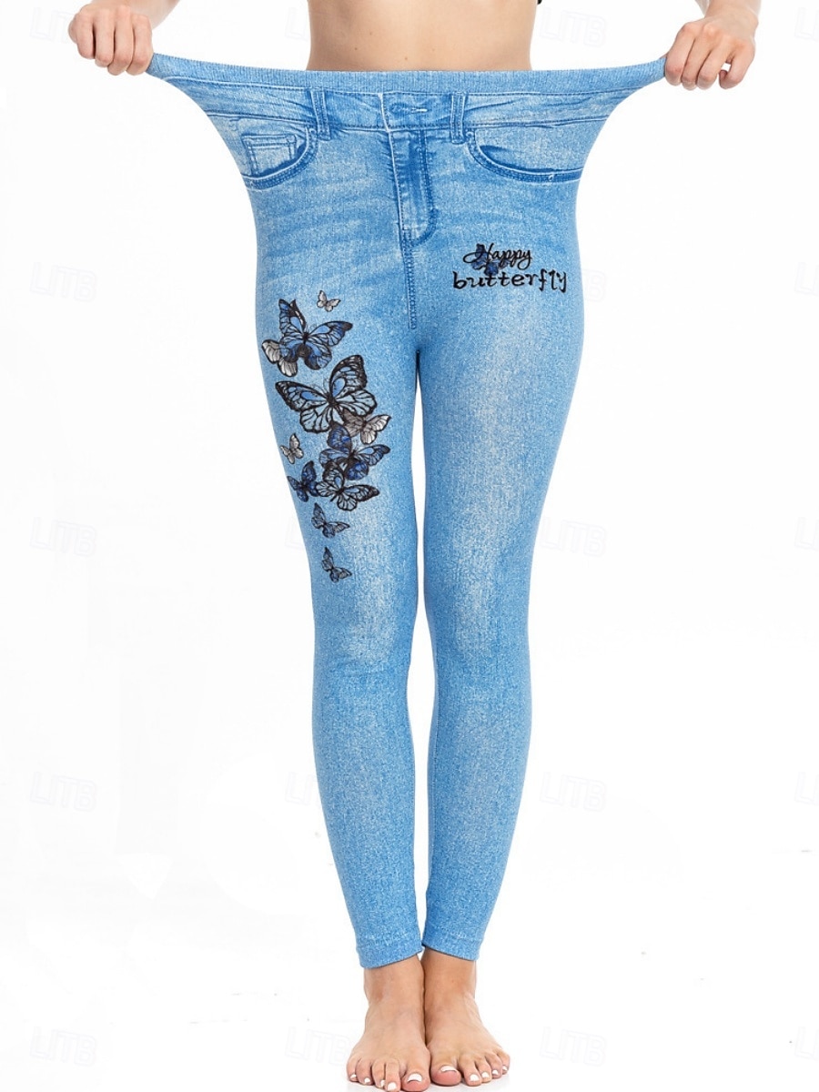 Dames Leggings Verontruste spijkerbroek Vakantie Vintage Casual Volledige lengte Hoge taille Bloemig Vlinder Elastische tailleband Opdrukken Zacht Comfortabel Rekbaar Buiten Straat blauw Luchtblauw 2026 - $24.99 –P23