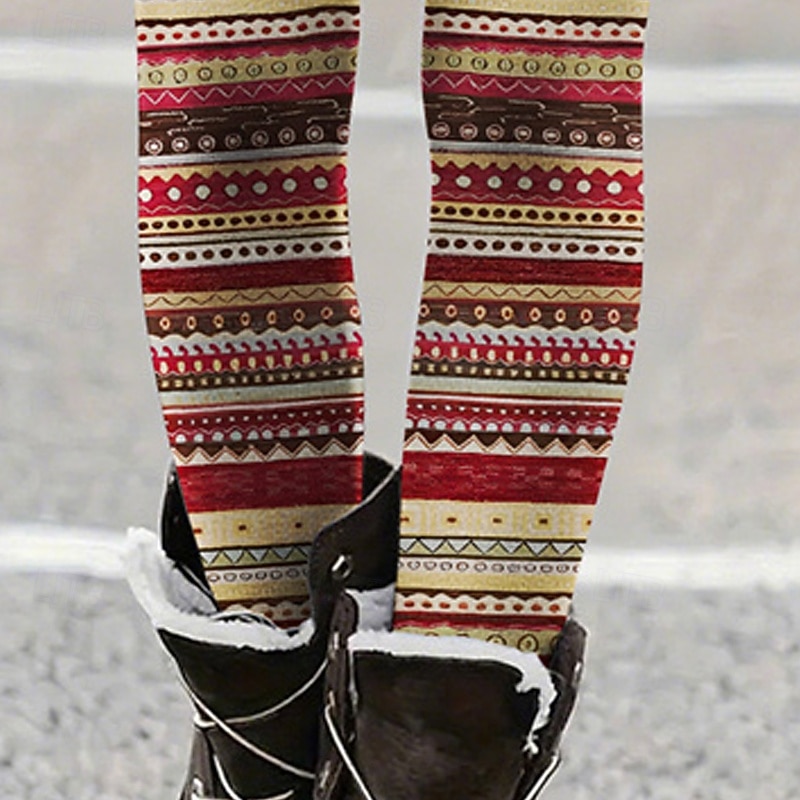 Women's Pants Trousers Leggings Cozy Leggings Vintage Ethnic Style Full Length High Waist Striped Elastic Waist Print Breathability Comfortable Stretchy Vacation Street Daily Wear Dark Red Red Summer 2026 - $17.99 –P4