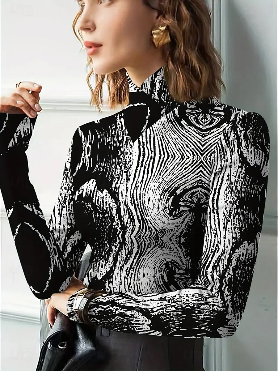 Damen T Shirt Druck Gestuft Grafik Textur Elegant Vintage Stilvoll Langarm Rollkragen Hoher Ausschnitt Asymmetrischer Ausschnitt Normale Oberteile Täglich Blau Schwarz Frühling Herbst Winter 2026 - $25.99 –P6