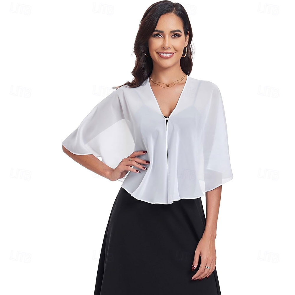 scialli e mantelle trasparenti per feste serali formali, mantelle in chiffon con scollo a V per donne, scialle per invitati a matrimoni del 2025 a $39.99 –P8