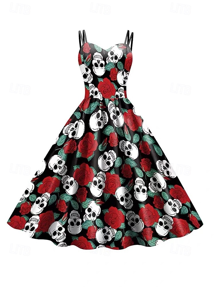 2025年 女性用スカルプリントミニドレス Aラインドレス カジュアル デイリー ホリデー レギュラーフィット スカル ノースリーブ スパゲッティストラップ ブラック ホワイト ワイン サビレッド 夏 春 秋  コレクション – $29.99 –P12
