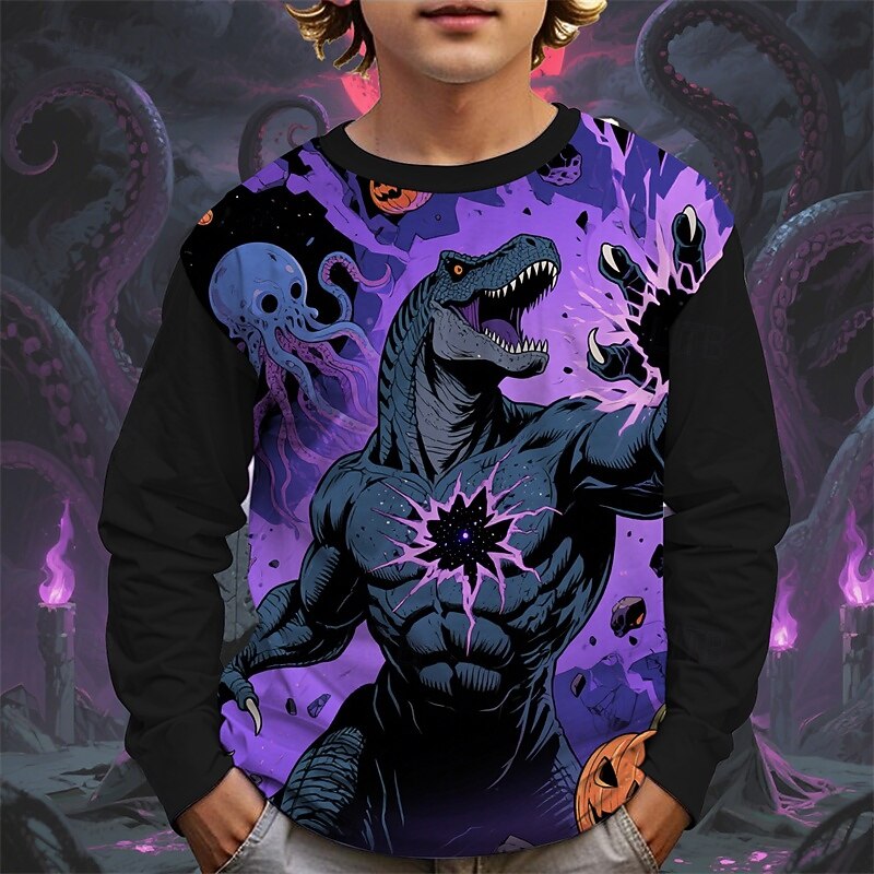 Halloween Băieți 3D Desene Animate Dovleac Dinozaur Tricou Manșon Lung Primăvară Toamnă Modă De Bază Copii 4-12 ani Stil Nautic În aer liber Casual Zilnic Fit regulat 2025 - $13.99 –P4