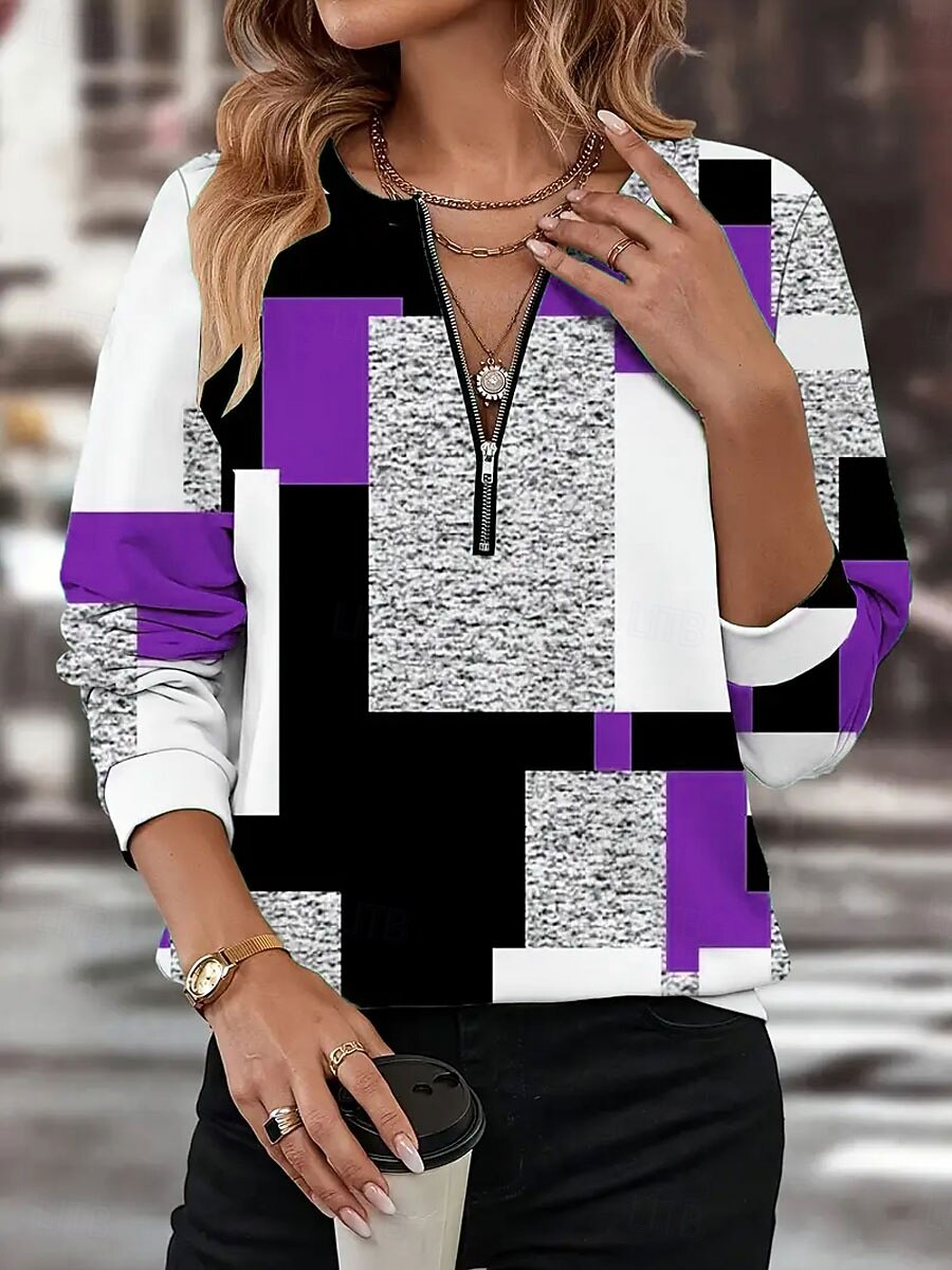 Damen Pullover Sweatshirt Sweatshirts mit Reißverschluss Grafik Geometrisch Farbblock Mode Lässig Langarm Rundhalsausschnitt Normale Oberteile Straße Alltagskleidung Reißverschluss Druck Rote Blau 2025 - $27.99 –P6