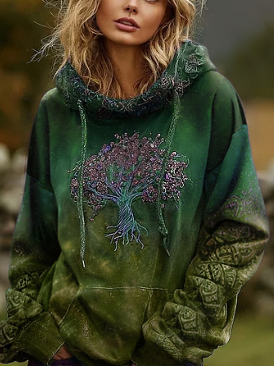 Dámské mikiny s kapucí s potiskem Vintage Denní ležérní Dlouhý rukáv Výstřih do V Regular Tops Tričko Kmenový Strom života Vintage Designer Dovolená Pouliční oblečení Jdeme ven Denní Svátek Potisk Víno Červená Tmavě Zelená Podzim Zima 2025 - $10.99 –P2