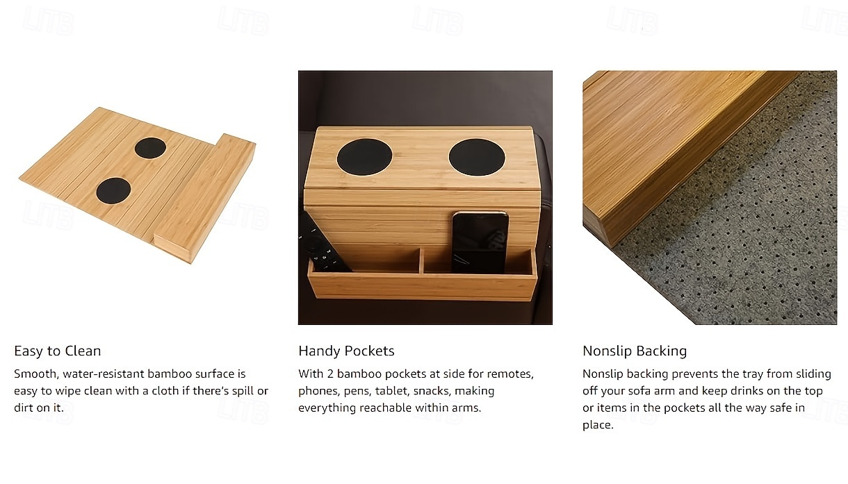 Składany stolik podłokietnikowy do sofy z bambusa w stylu vintage z uchwytem na kubek – nie wymaga montażu, należy myć ręcznie, naturalne drewno &wykończenie w kolorze czarnym, drewno liściaste 2026 - $43.99 –P11