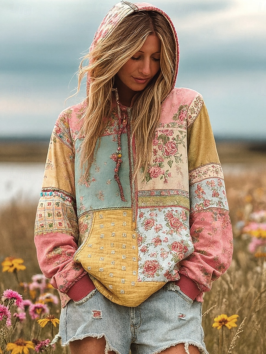 Női Pulóver Hoodie pulóver Virágos Grafika Alkalmi Boho Hosszú ujj Kapucni Normál felsők Utca Hétköznapi Kollázs Nyomtatott Elülső zseb Sárga Arcpír rózsaszín Bíbor Lóhere Tavasz Ősz Tél 2025 - $26.99 –P2
