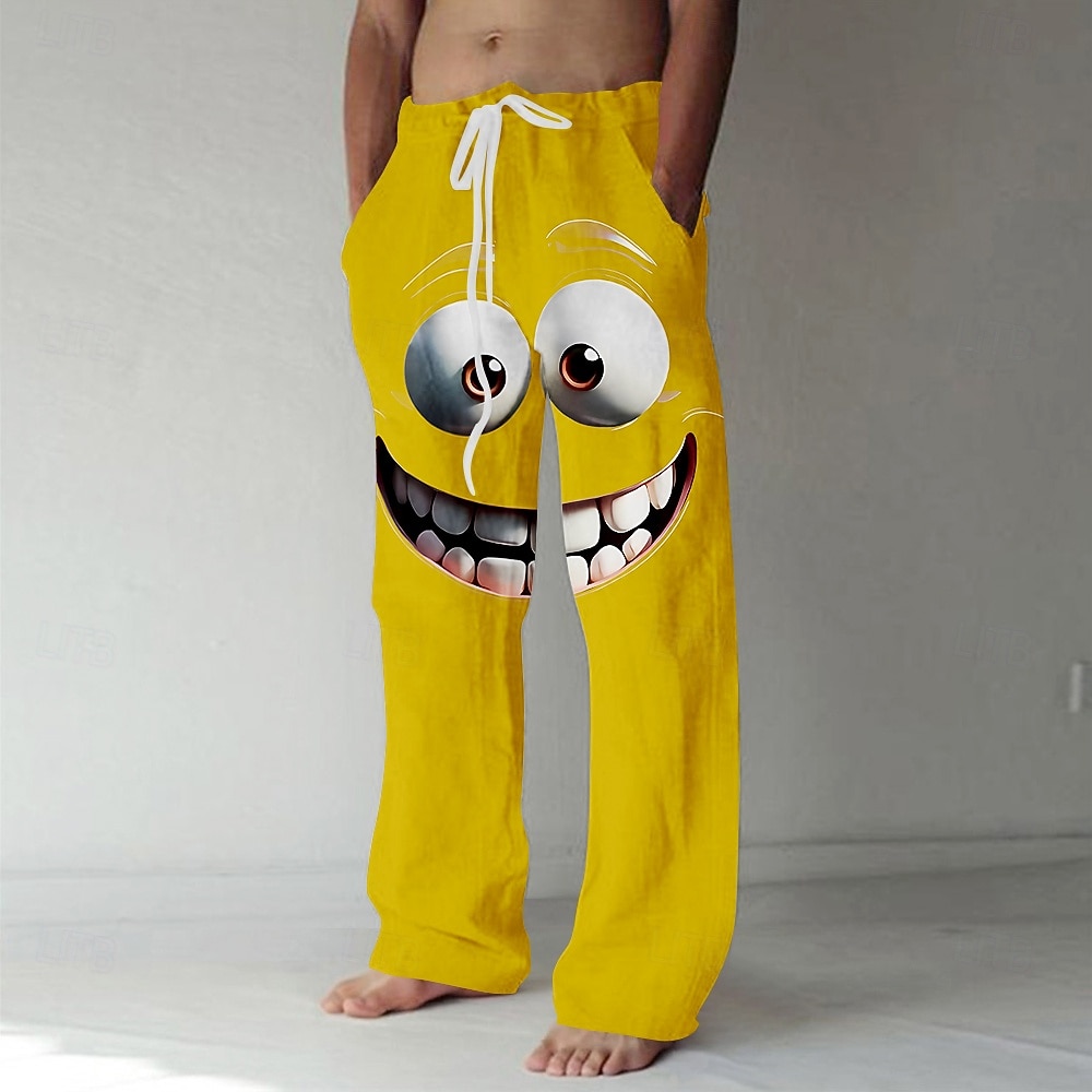 Men's 3D Cartoon Smile Face Big Eyes Trousers Casual Pants Baggy Pants Mid Waist Funny Outdoor Vacation Elastic Drawstring Waist Linen-Like Pants with Pockets Summer Spring Fall 3D Print Black Yellow 2026 - $27.99 –P3