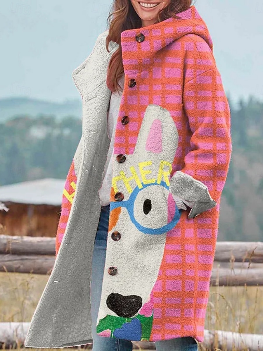 Dame Vinterjakke Fleece-jakke Frakk Hold Varm Pustende Lomme Knapper Trykt mønster Aktiv Daglig Fritid Dyr Feriereise Gate Daglig Enkeltkneppet Lang Hettegenser Normal Langermet Yttertøy Svart Hvit 2025 - $46.99 –P2