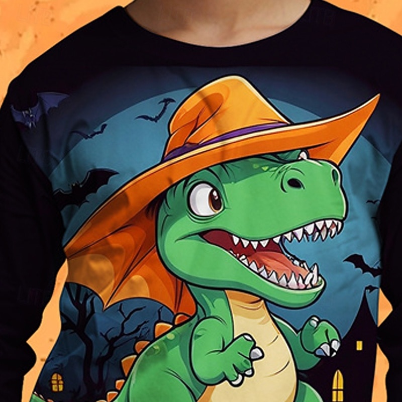 Halloween Pojkar 3D Tecknat Dinosaurie T-shirt Långärmad Vår Höst Mode Grundläggande Barn 4-12 år Rund hals Utomhus Ledigt Dagligen Normal 2025 - $13.99 –P2