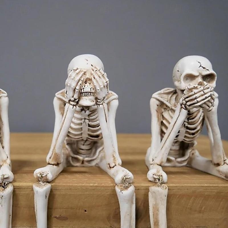 3 ks halloweenská simulace krbu, kombinace lebek, halloweenské sochy, vidět, mluvit, slyšet, žádné zlo, kostlivé figurky, realistické dekorace lebek pro domov, strašidelný dům, halloweenská párty 2025 - $29.99 –P3
