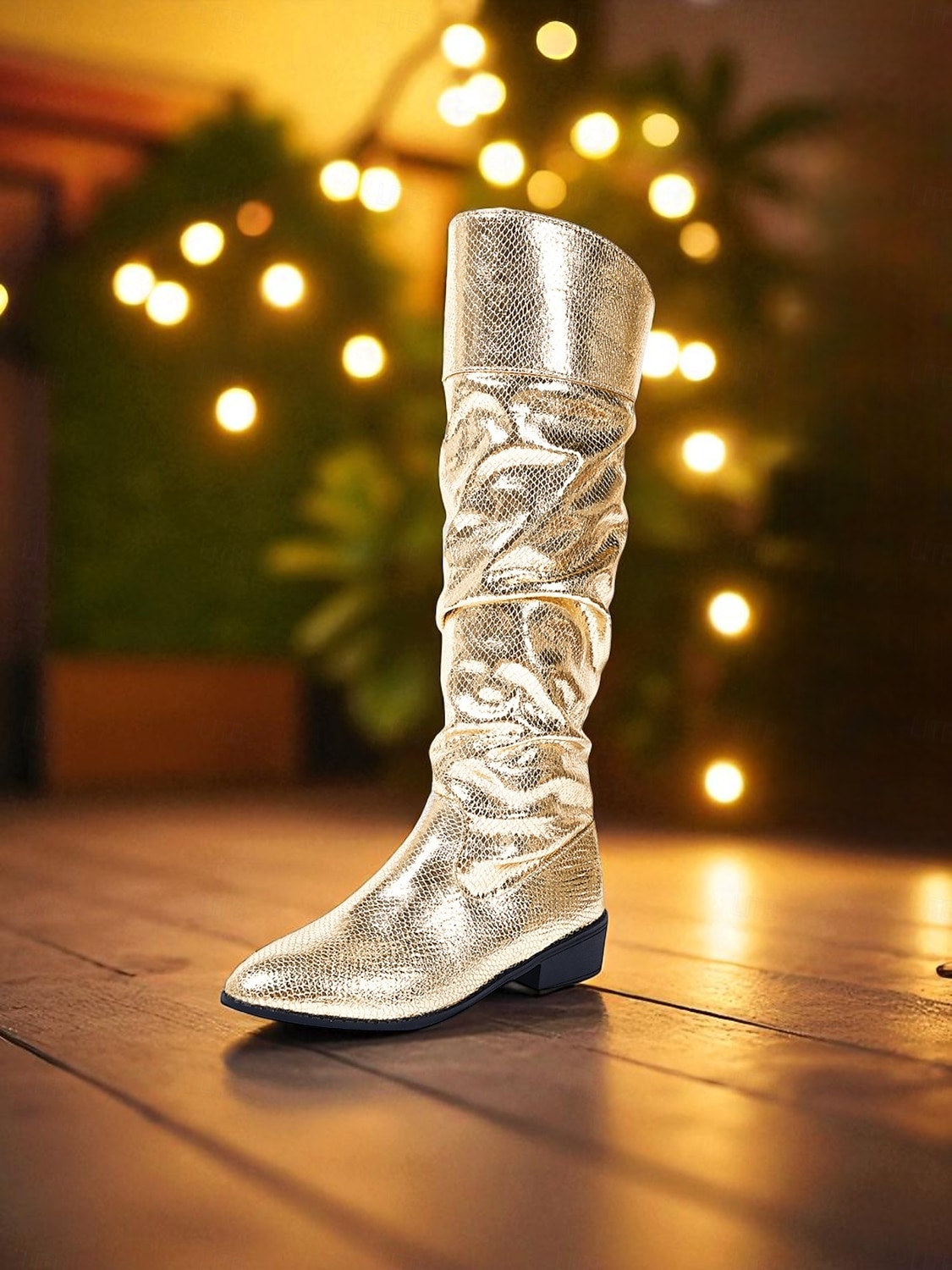 Botas altas hasta la rodilla holgadas con tacón bajo y diseño metalizado dorado para mujer: calzado de fiesta brillante para la vida nocturna, discotecas y moda nocturna. 2026 - $46.99 –P1