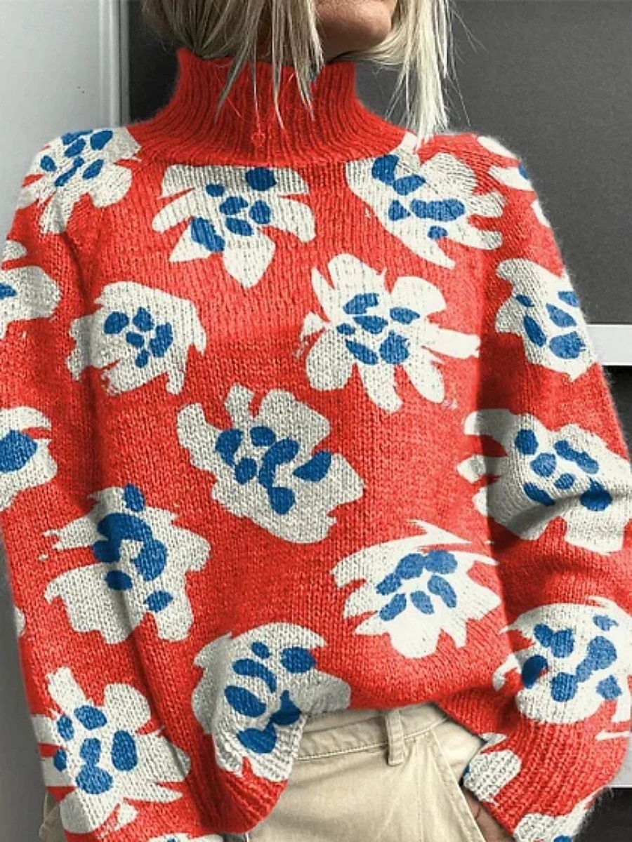 Women's Pullover Vacation Daily Floral Animal Ribbed Turtleneck Print Long Sleeve Regular Tops Knit Outdoor Daily Holiday Wine Red Fall Winter 2025 - $25.99 –P1