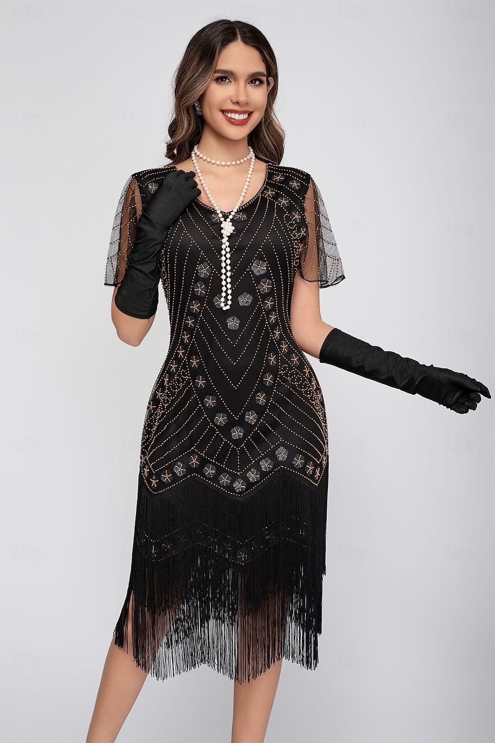 Rugido 20s 1920s Hasta la Rodilla Vestido Flapper Mangas cortas El gran Gatsby Chica de la aleta Lentejuelas Franja Funda Columna Escote en Pico Disfraz Mujer Navidad Carnaval Fiesta de Noche Boda 2026 - $46.99 –P10