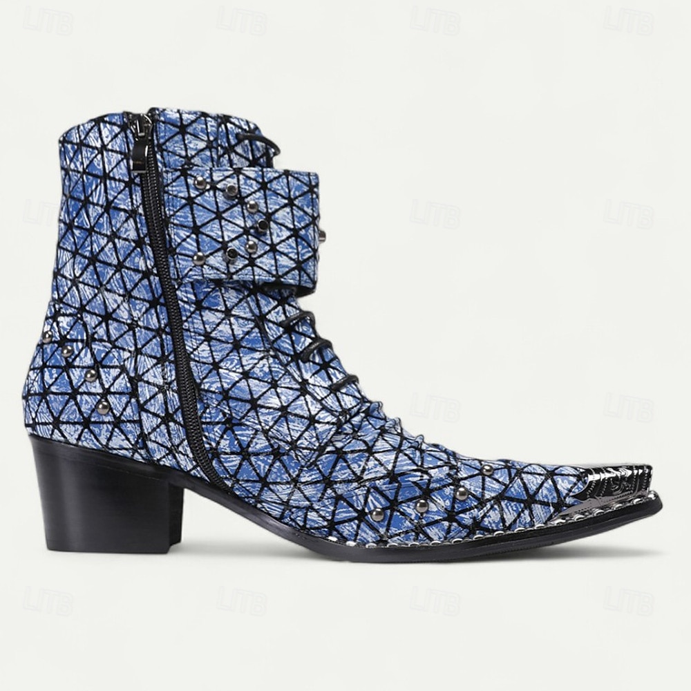 Pánské modré kotníkové boty s geometrickým potiskem – módní kovbojské boty na koncerty, streetwear a noční zábavu 2025 - $149.99 –P4