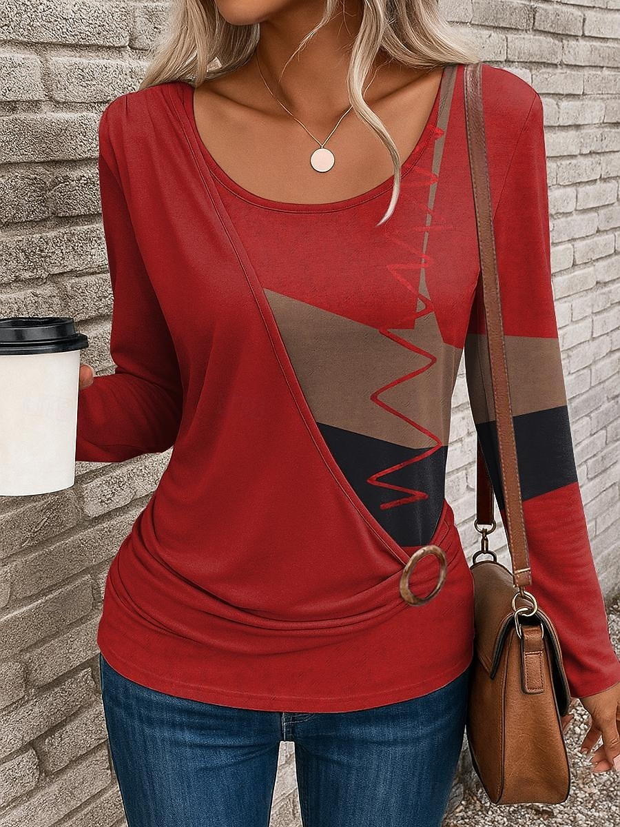 Femmes T-shirt Graphique Géométrique ancien Élégant Occasionnel manche longue Col ras du cou Hauts Réguliers Quotidien Patchwork Imprimé Jaune Rouge Bleu Bleu Poudré Violet Automne Hiver de 2025 ? $24.99 –P1