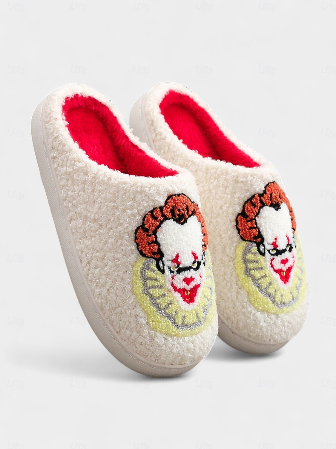 pantofole unisex da clown horror pelose con fodera in peluche rosso - comode scarpe da interno per Halloween, per feste in maschera spaventose e appassionati di film horror del 2025 a $14.99 –P5