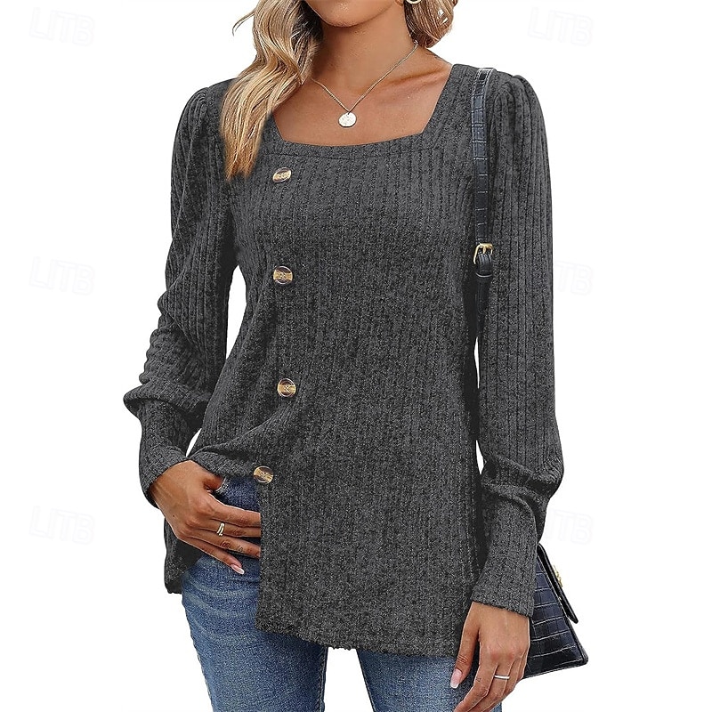 Femmes Chemisier texturé T-shirt Uni Mode Moderne manche longue Col carré Hauts Réguliers Quotidien Sortir Boutons Bordeaux Noir Rouge Marron clair Bleu Printemps Automne de 2025 ? $21.99 –P8
