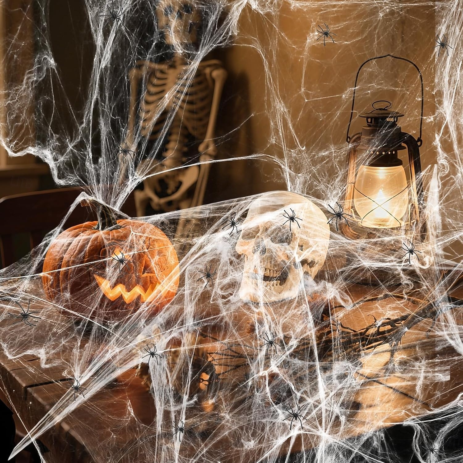 175 kvadratmeter stort halloween-edderkoppnett, bonus med 100 kunstige edderkopper, edderkoppnett i stoff, spindelvev-halloween-dekor for innendørs og utendørs festutstyr 2025 - $19.99 –P6