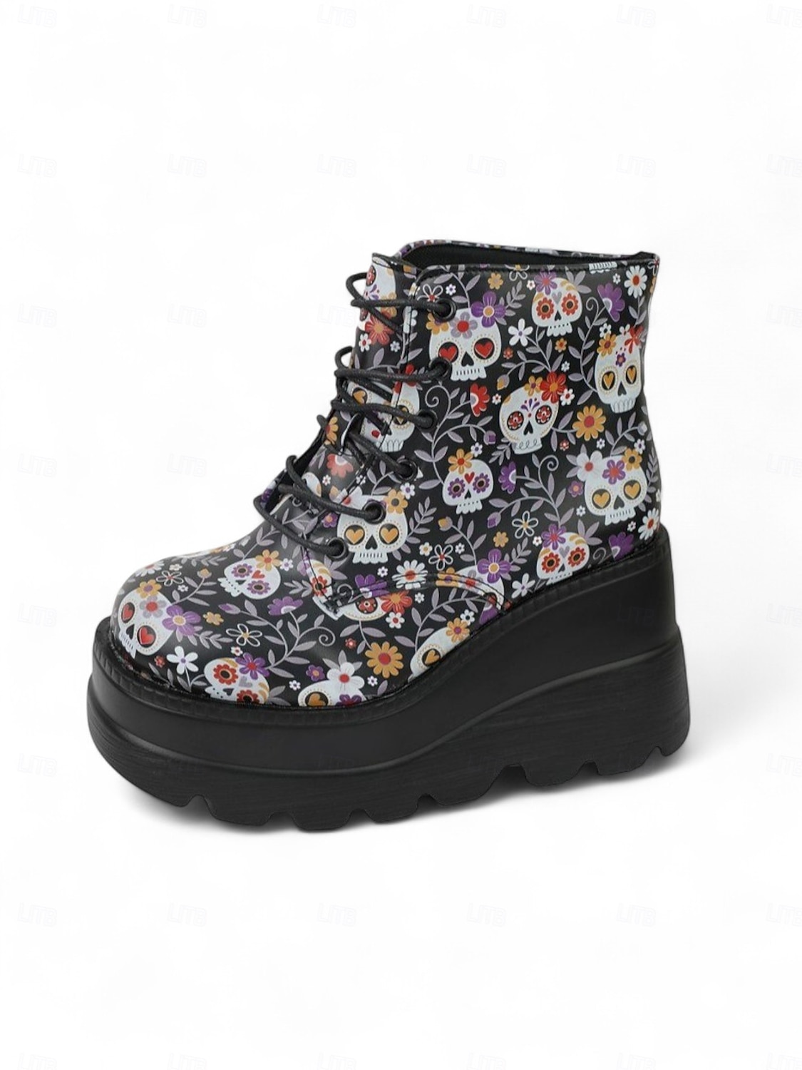 Botas femininas pretas plataforma com cadarço e caveira - botas góticas de cano curto com sola grossa para festas de outono, cosplay e dia dos mortos de 2025 por $34.99 –P6