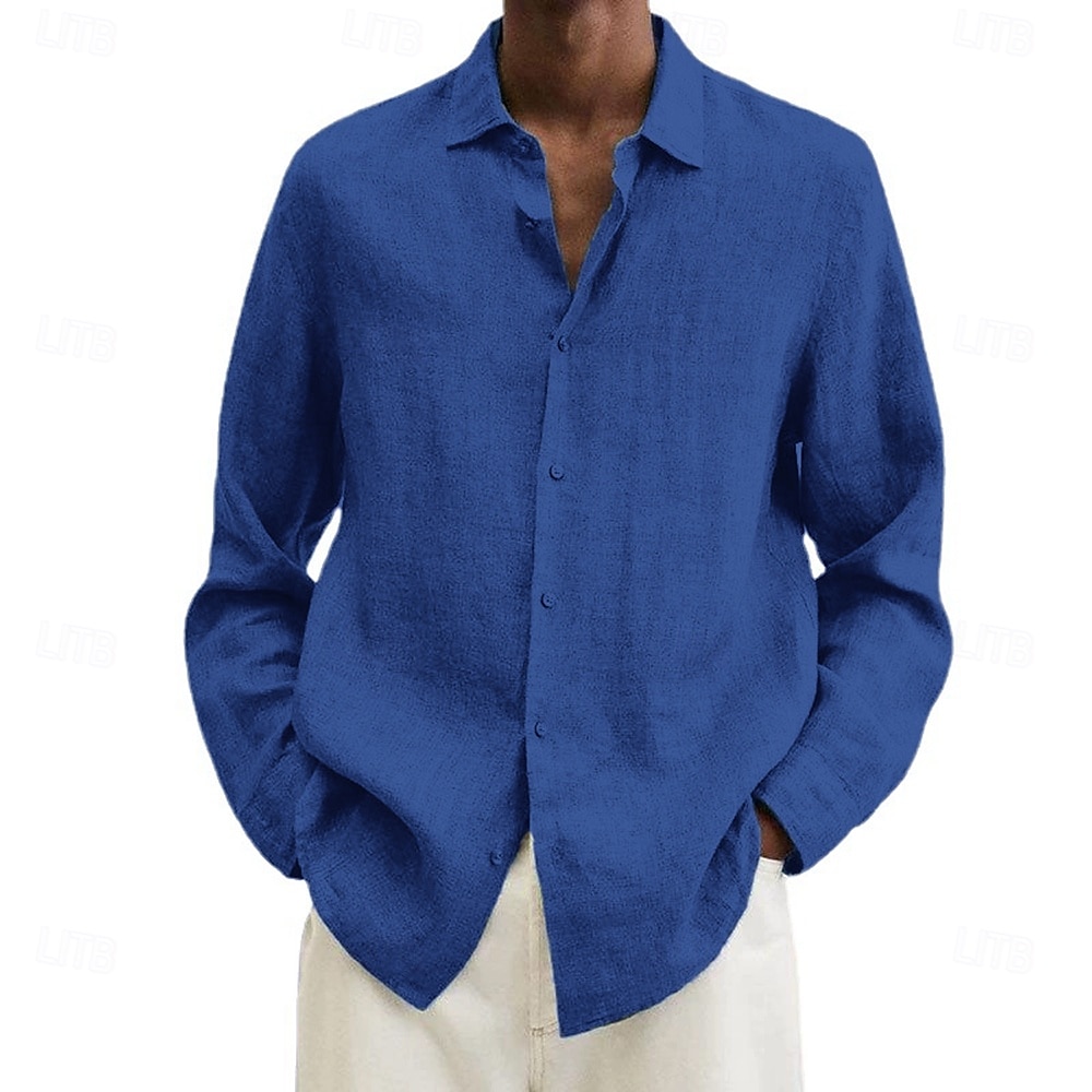 Camicia da uomo in cotone e lino, nera, rosa, blu navy, manica lunga, tinta unita, stile turndown, abbigliamento da vacanza, abbigliamento in poliestere, moda casual del 2025 a $19.49 –P11
