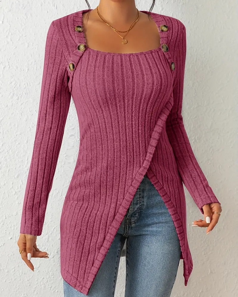 Women's T Shirt Tee Top Buttons Asymmetrical Solid Color Elegant Fashion Long Sleeve Square Neck Regular Tops Daily Weekend Black Brown Rose Pink Gray Spring Fall 2026 - $22.99 –P6