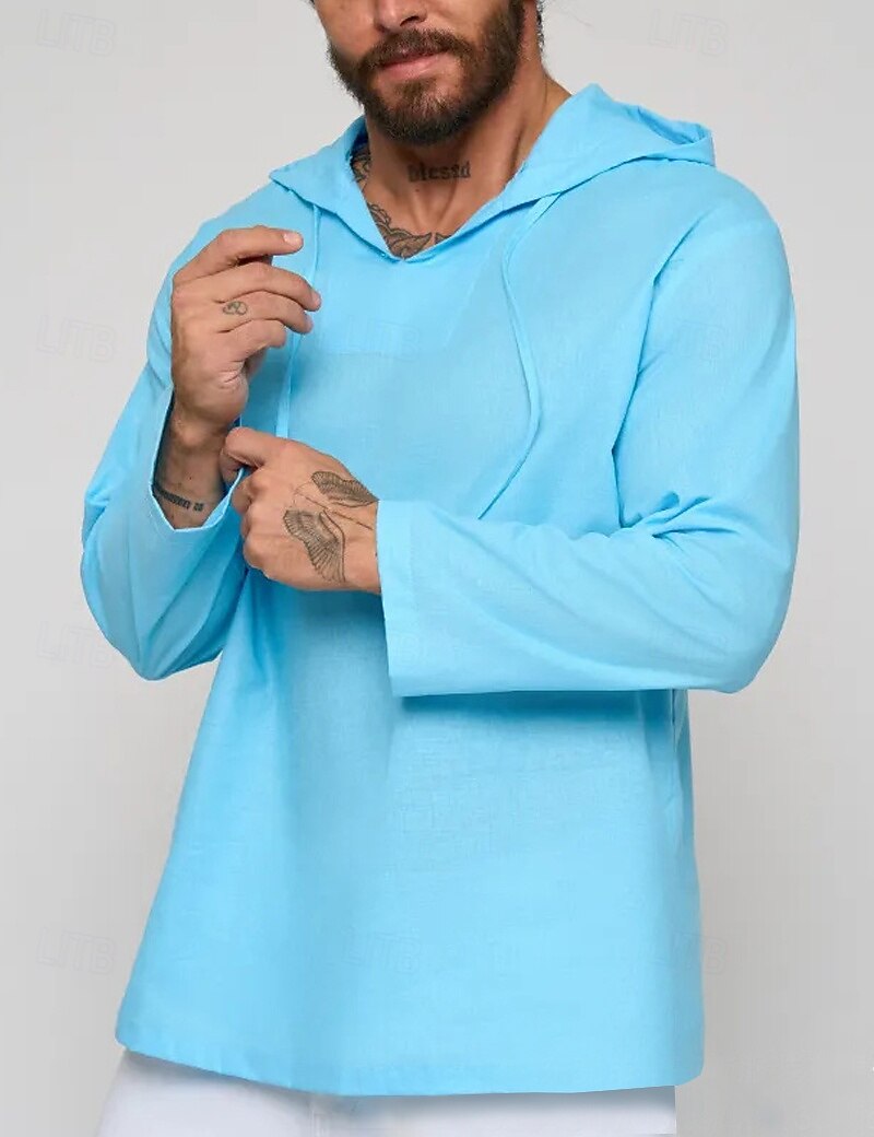 Per uomo Camicia Camicia di lino Camicia popover Camicia Estiva Abbigliamento da spiaggia Camicia con cappuccio Tinta unica Vacanza Streetwear Bianco Verde chiaro Blu Verde Manica Lunga Con Cappuccio del 2025 a $23.99 –P6