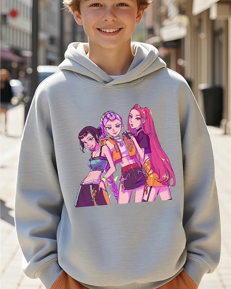 Kpop Demon Hunters pojkhuvtröja med grafisk design - långärmad, avslappnad tröja med livfullt anime-tryck för höst/vinter, perfekt för vardagskläder eller speciella tillfällen. Kpop-huvtröja 2025 - $18.99 –P5