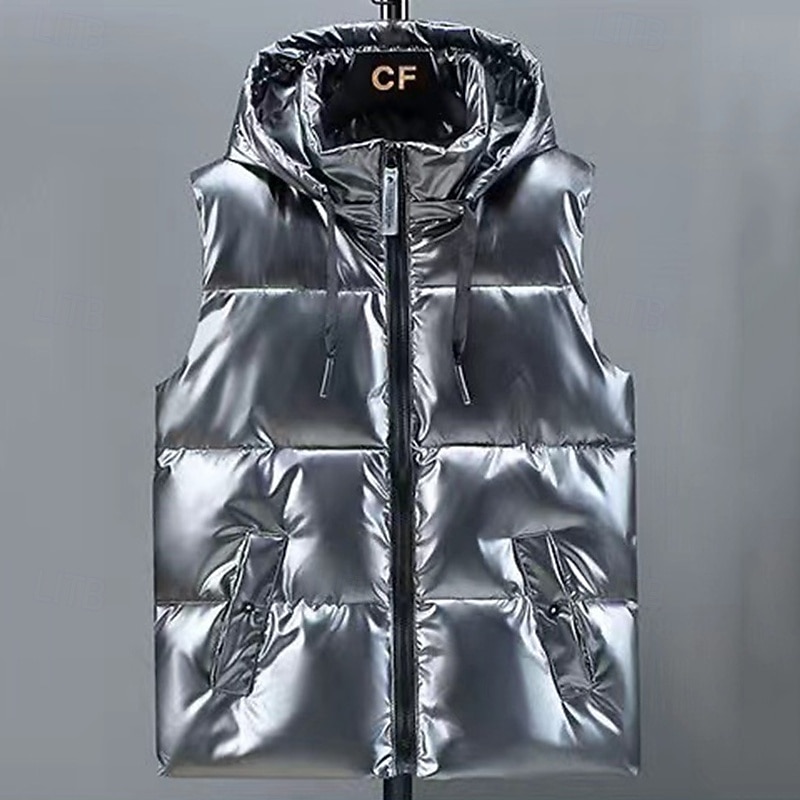 Herr Pufferväst Väst Gilet Semester Dagligen Datum Mode Ledigt Höst vinter Ficka Polyester Håller värmen Bekväm Ensfärgat Dragkedja Huva Normal Silver Svart Väst 2025 - $29.99 –P1
