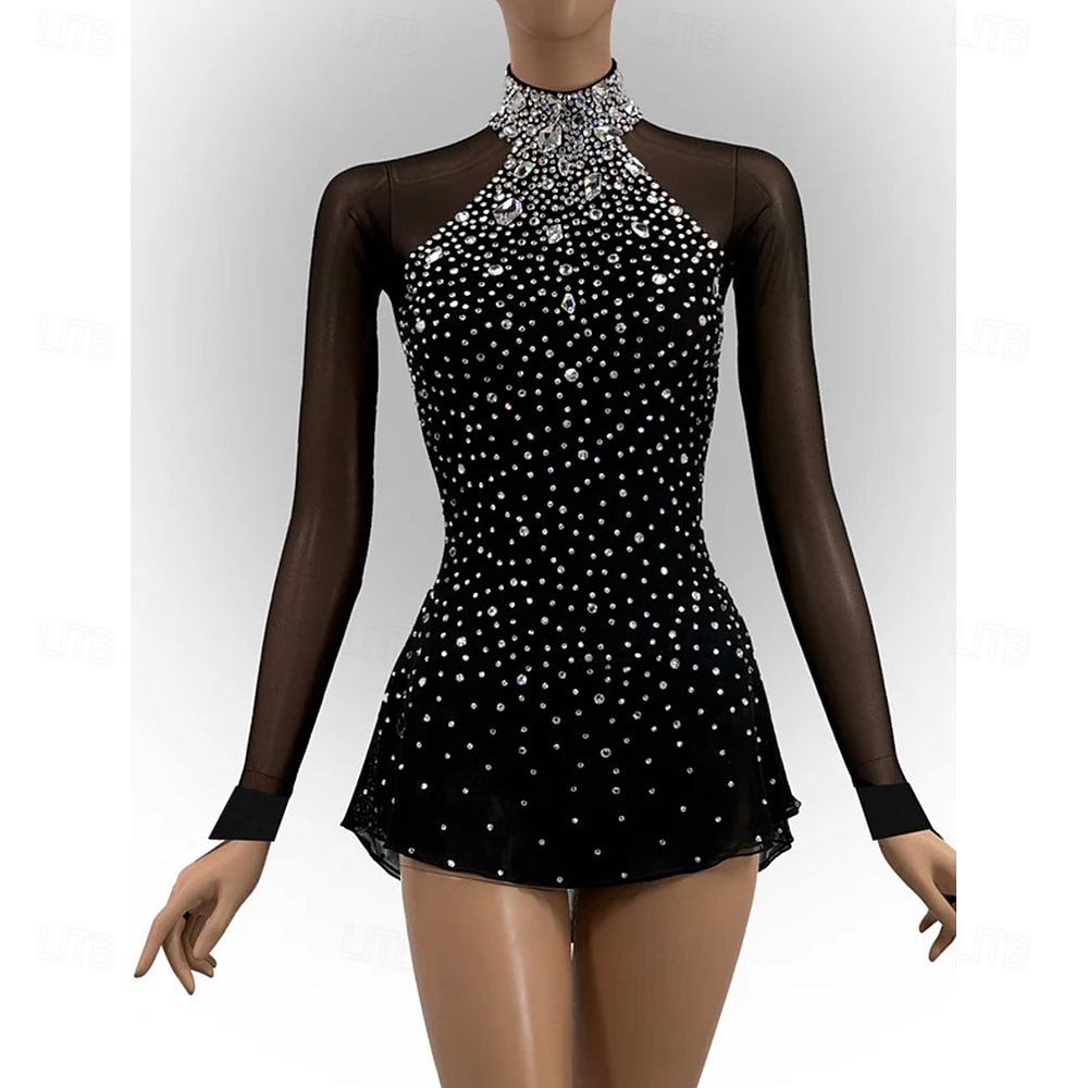 abito da pattinaggio artistico, abito da pattinaggio sul ghiaccio da donna e da ragazza, nero, schiena scoperta, orlo asimmetrico, maglia ad alta elasticità, abbigliamento da pattinaggio per del 2026 a $298.59 –P1