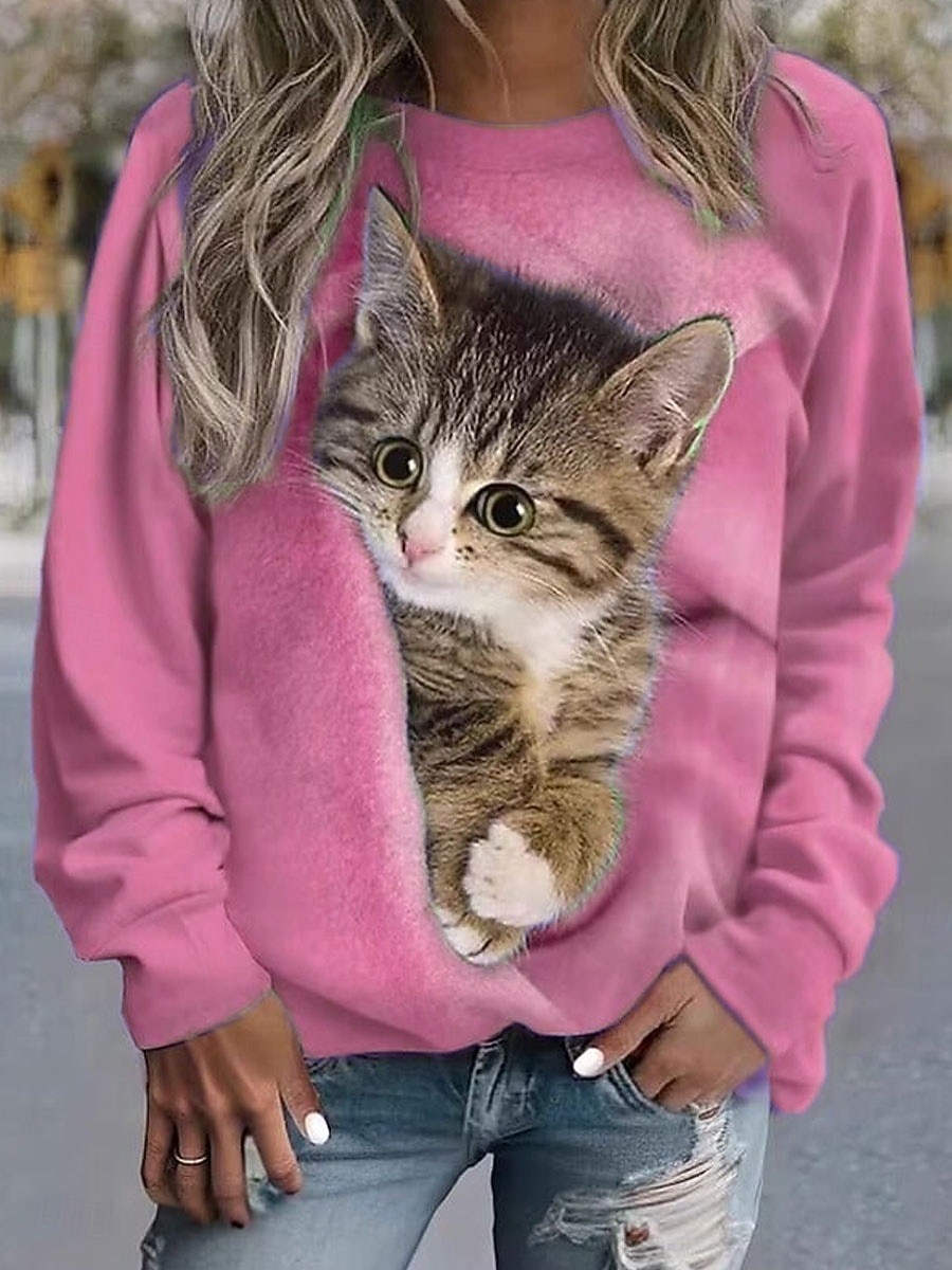 Dame Genser med genser Grafisk Dyr Katt Fritid Langermet Crew-hals Vanlige topper Gate Avslappet Ferie Trykt mønster Rosa Blå Lilla Oransje Grønn Vår Høst Vinter 2025 - $26.99 –P4