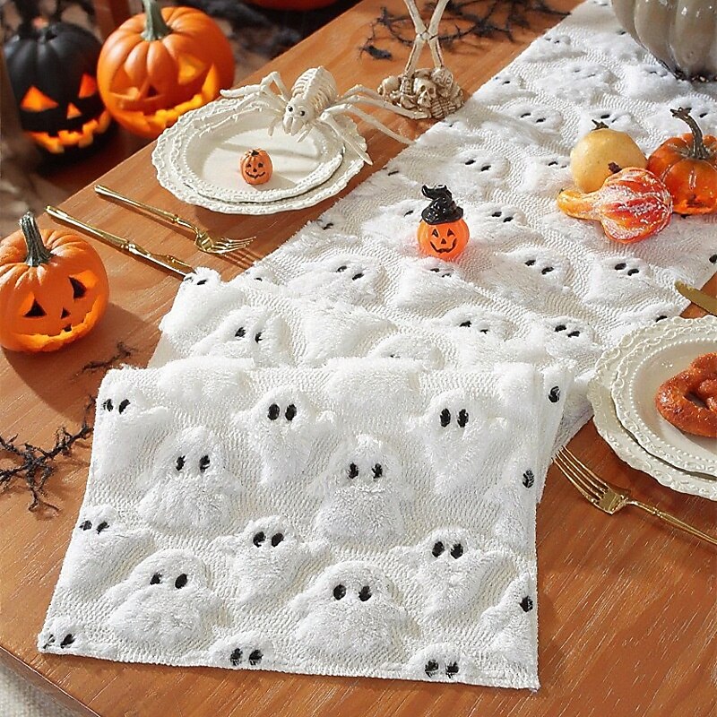Halloweenský běhoun na stůl, vlaječka na stůl s 3D výšivkou duchů - dekorace z umělé kožešiny s černým okem a malým ďáblem, černobílý sváteční ubrus na dekoraci na párty a stolování 2025 - $9.49 –P9