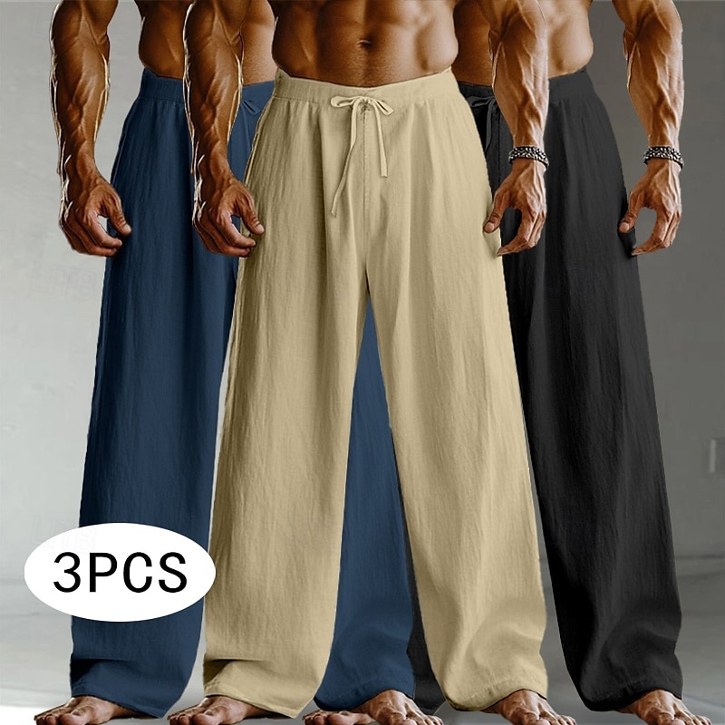 Men's Linen Pants Trousers Summer Pants Baggy Pants Drawstring Elastic Waist Straight Leg Plain Comfort Breathable Full Length Home Yoga Holiday Fashion Streetwear Black+White+Navy Blue 2026 - $37.99 –P5