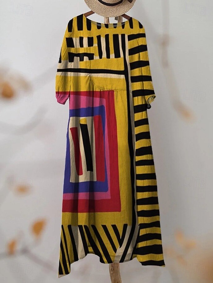 Abito maxi da donna in lino come traspirante leggero kaftano a maniche 3/4 scollo tondo casual abito a trapezio abito boho grafica geometrica giallo rosso marrone chiaro marrone del 2026 a $41.99 –P5
