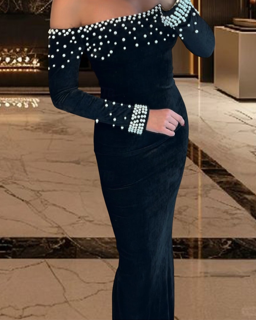 abito da sera elegante in velluto elasticizzato con cravatta nera, a sirena/tromba, con perle, formale, da sposa, strascico a ruota, manica lunga, spalle scoperte, 2025 del 2025 a $145.99 –P3
