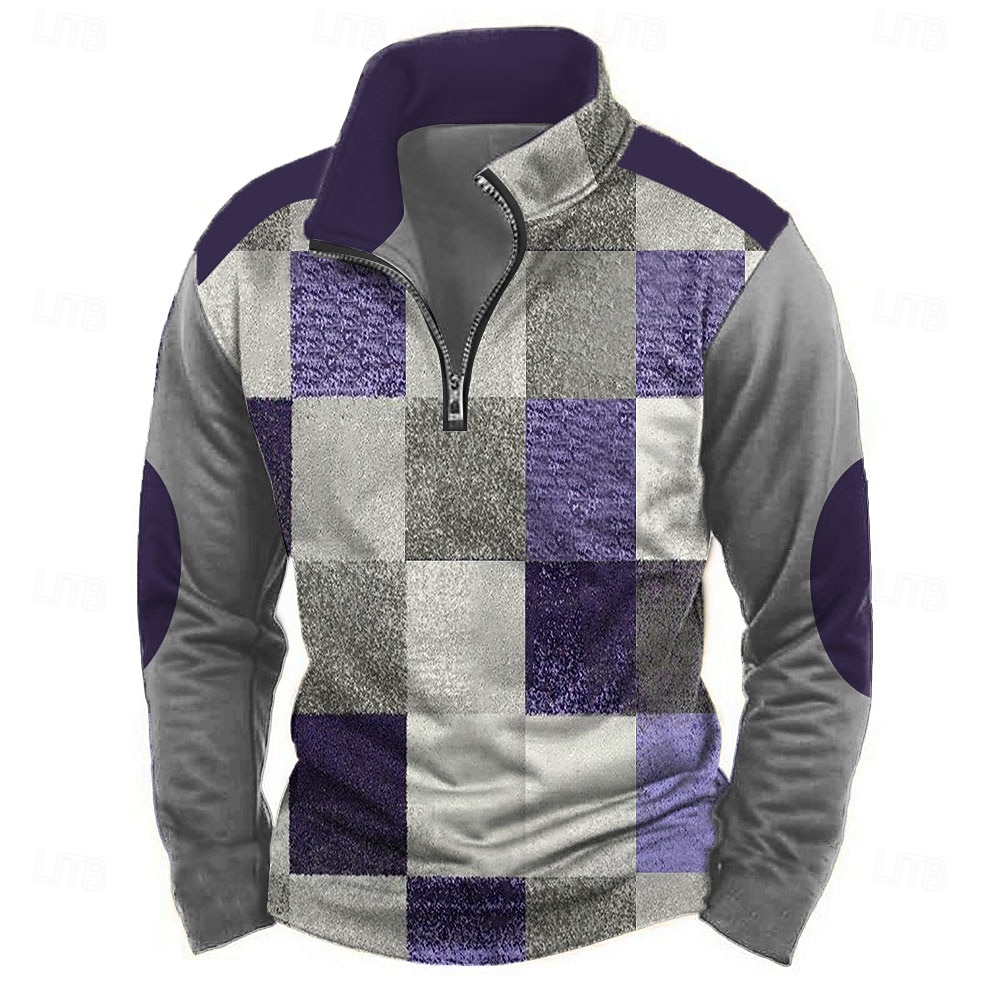Herr Geometrisk Rutig Tröja Ledigt Vintage retro Långärmad Hög hals Utomhus Streetwear Rubinrött Blå Dragkedja Fjärdedels blixtlås Höst Vinter Designer 2025 - $28.99 –P3